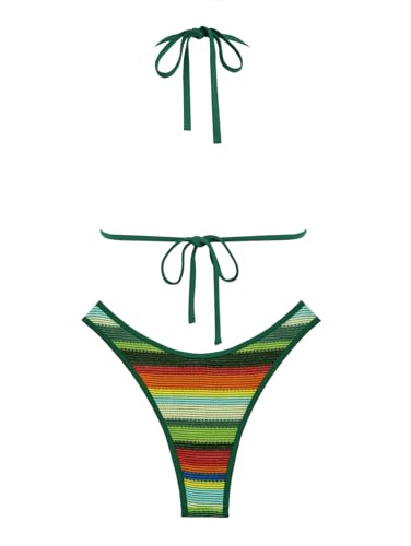 seamoly Women's Bikini Sets Halter Neck Crochet Colorblock Two Piece Swimsuits Open Back Sexy High Cut Thong Bathing Suit2