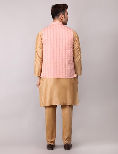 Image of Men's Cotton Silk Blend Regular Kurta Pyjama, Embroidered Nehru Jacket /Waistcoat Set