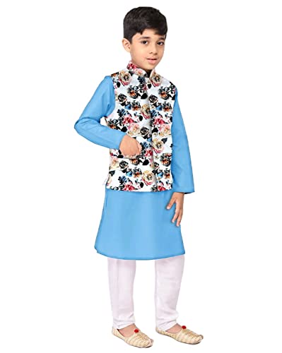 Image of Os Men's & boy kurta pyjama set with nerhu jackets (Multi printed) in cotton (baap beta|father son|)