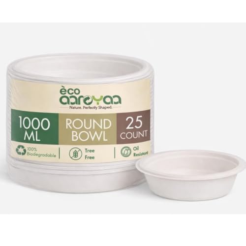 Image of Eco Aaroyaa Disposable Bagasse Bowls - 1000 ML - Pack of 25 Biodegradable Disposable Bowls - Eco-Friendly Dip, Sauce, Chutney & Dessert Cups - Leak-Resistant Small Serving Bowl (Pack of 25)
