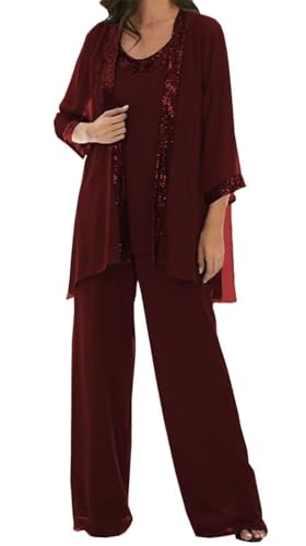 3 Piece Plus Size Mother of The Bride Pant Suits for Women Dressy Wedding Guest Chiffon Sequin Formal Outfit with Jacket