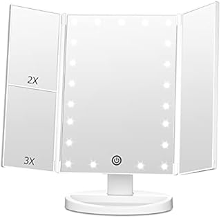 FASCINATE Trifold Vanity Mirror with Lights, Lighted Makeup Mirror 2X/3X Magnification, 21 LED Touch Dimming, Dual Power 90° Rotation Lit Beauty Table Mirror, Lighted Travel Mirror (White)