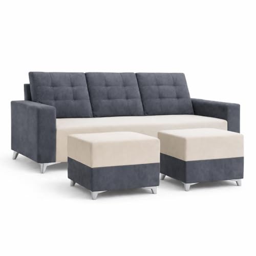 Image of Hakuna Dual Tone Plush Velvet 3 Seater + 2 Seater Sofa Set with 2 Ottoman | Silken Velvet Suede Upholstery | Designer Sofa for Living Room & Office Spaces (Dark Grey & Cream)