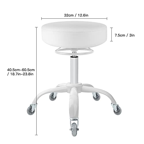 Mineloff Rolling Stool with Wheels 400lbs Weight Capacity,Heavy Duty Lash Chair Adjustable for Tatoo Lab Massage Salon Spa Drafting Nail Teach,360 Swivel,Leather,Thick Seat Padding (Pure White)