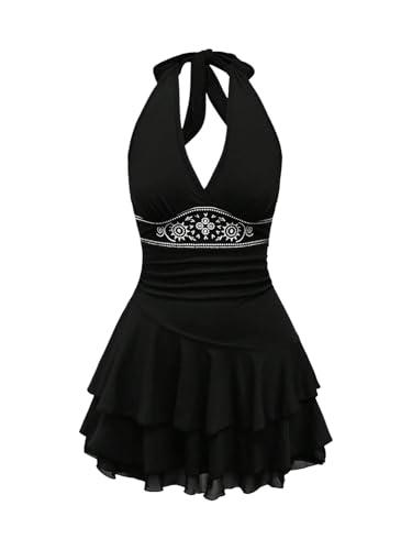 Image of Verdusa Women's Plus Size Halter Mini Dress Ruched Ruffle Y2K Hippie Dress Western Outfits Boho Dresses