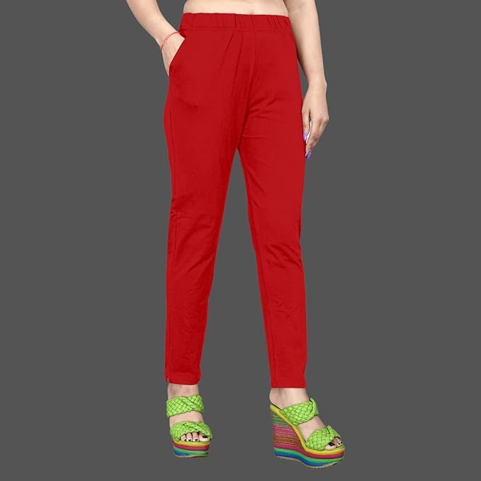 Image of Women's Solid Cotton Lycra Pants-High Waist Slim Fit Stretchable Leggings - Comfortable Long Trousers for Casual, Office & Everyday Wear