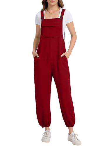 Btaiuo Overalls for Women 2026 Casual Sleeveless Bib Pants Adjustable Straps Jumpsuits Loose Fit Rompers with Pockets XX-Large Wine Red