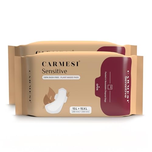 Image of Carmesi Sensitive Sanitary Pads - 60 Pads (30 Large + 30 XL) - Certified 100% Rash-Free by Gynecologist - Natural Plant Top Sheet - No Fragrance, No Chlorine - With Disposal Bags, 2 count