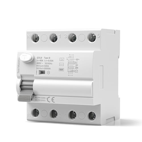 Disjoncteur Differentiel 30mA 40A Type B AC400V Interrupteur Différentiel RCCB Disjoncteurs électriques Rail DIN pour systèmes Photovoltaïques et Stations de Recharge(GYL9-4P-40A-0.03A)