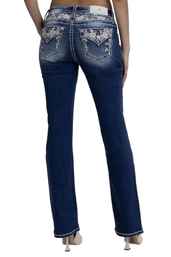 Miss Me Womens Botanical Embellished Faux Flap Pockets Mid-Rise Bootcut Jeans (Dark Blue 29W x 32L)