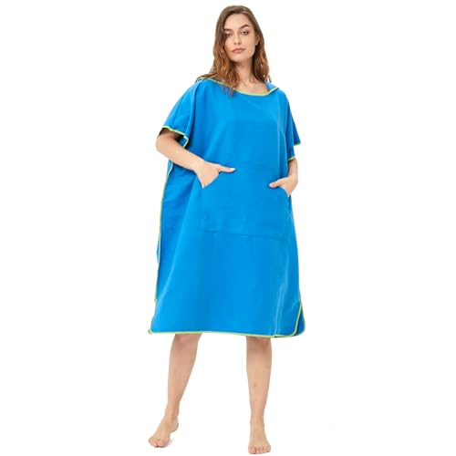 Poncho de Surf, 110 x 90 cm, Toalla de Poncho Adultos Microfibra con Capucha Bolsillo, Poncho Playa para Cambiar Mujer Hombre, Albornoz Natacion para Deporte Acuático Baño, Secado Rápido (Azul)