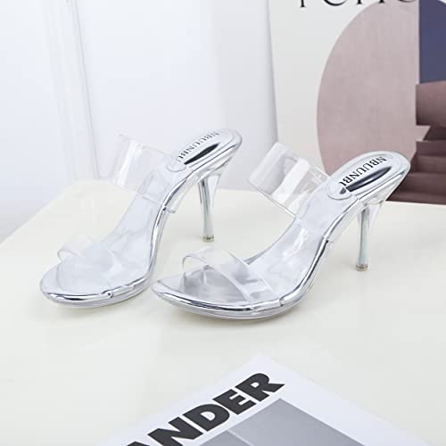 Image of NBUUNBU Clear Heels for Women Silver Black Heels Little Platform Sexy High Heels Sandals Stiletto Kitten Open Toe Dress Shoes Comfortable Double Transparent Strap Heeled Sandals Mule