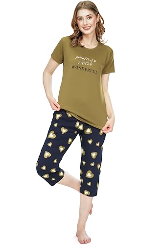 Image of ZEYO Night Suit for Women's Heart Printed Cotton Night Dress of Top and Capri Set 5745