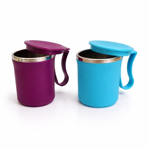 Image of Insulated Stainless Steel Coffee Mug with Lid, 300ml, Double Wall, Reusable Travel Mug for Home & Office (Purple - Sky Blue)