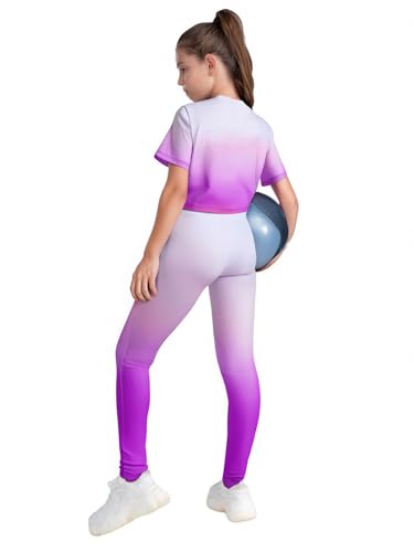 TiaoBug Kids Girls 2Pcs Gymnastics Dance Sports Set Short Sleeve Gradient Color T-Shirt Vest Leggings Set4