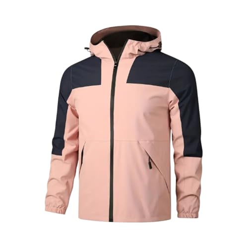 Men Jackets Fashion, Color Block Winter Windbreaker With Hooded Water Resistant Outdoor Raincoat For Hiking Travel Camping Jacket Mens Outerwear & Coats Blue (M, Pink)