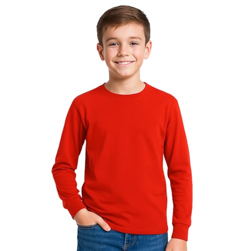 Image of Boys Kids Long Sleeve T-Shirt Top Cuffed Crew Neck Plain Jersey Tee Top Adults Casual Wear (RED, 11-12Y)