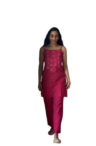 Women Cotton Embroidered Straight Kurti with Ankle Length Pant Se...