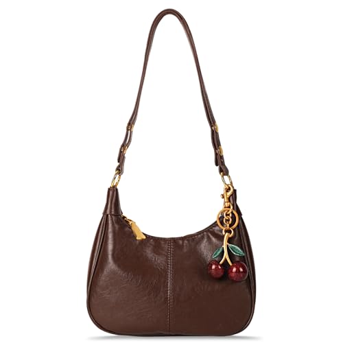 Retro Hobo Bag with Cherry Charm Genuine Leather Shoulder Crossbody Handheld Purse for Women Daily and Travel Use