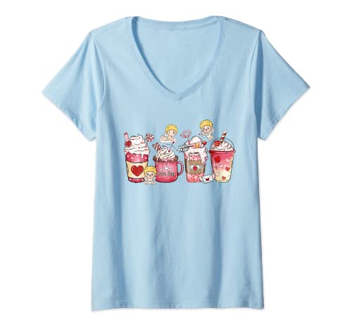 Mujer Valentine Coffee Lover Heart Latte Iced Coffee Día de San Camiseta Cuello V