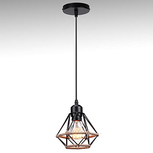 STOEX lustre suspension industrielle design rétro, lampe suspendue en métal corde de chanvre, éclairage plafond salons cuisine noir Ø160mm, ampoules E27 max.60W