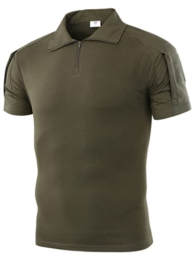 Czen Men's Short Sleeve Tactical Shirts Military Tee Outdoor Shirt Tactical Combat Shirt with Zipper (XL,Green)