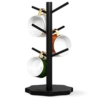 Bamboo Mug Tree Holder for 6 Cups, Black Wooden Mug Tree Station, Mug Racks & Holders Coffee Station Storage Organizer Flower Center Base for Kitchen