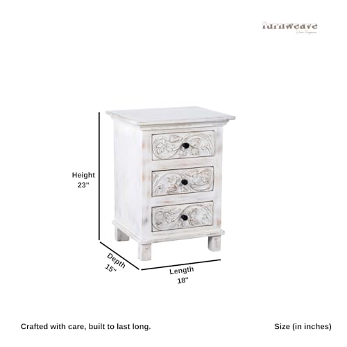 Image of Wooden Bedside Table for Bedroom | Solid Wood Kemi Bedside Table with Drawers | Corner Side Table for Living Room | Traditional Handcrafted Furniture for Home Decor (White Distress)