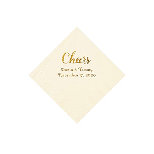 Ivory Cheers Personalized Napkins with Gold Foil - Beverage - Party Supplies - 50 Pieces