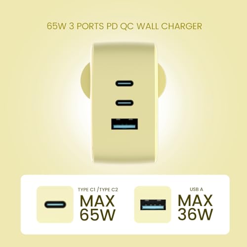 Image of DeperAI 65W 3-in-1 Fast Charger Adapter, Compatible with iPhone and Android-Samsung, Realme, Redmi,Oppo, Vivo, iPad, and Others, Wall Adapter GaN III PD3.0 Charger, Supports UFCS, Wrap (Yellow)