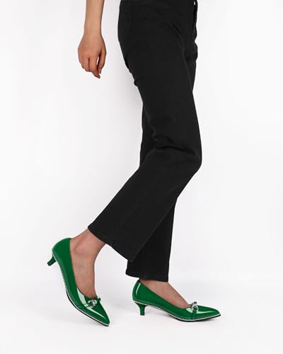 Women Green Kitten Pumps Low Heel Pointed Toe Shoes Ladies Trendy Classic Beaded Dressy Shoes for Event Party Green Patent Leather US Size 8.53