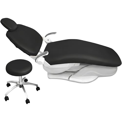 4Pcs/Set Protective Dental Chair Covers PU Leather Waterproof Elastic Seat Cover Headrest Backrest Round Cushion Protection Reusable Washable Wipeable Dentist Office Equipment Upholstery Case (Black)
