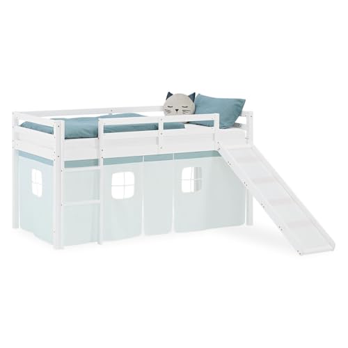 Homestyle4u Arikel 2932 Lit mezzanine, superposé, pour enfant, 90 x 200 cm, avec toboggan, blanc en pin massif avec rideau vert menthe