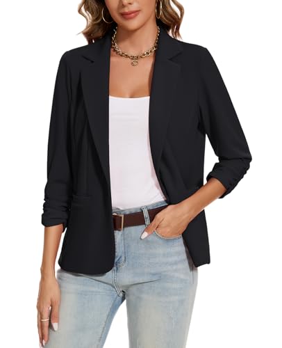 MINTLIMIT Womens Blazer Button Front Notched Lapel Suit Jacket Blazer Lightweight 3/4 Ruched Sleeve Blazer Jacket Elegant Business Formal,Black,XL2