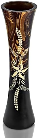 AeraVida Hand Carved Tropical Flower 14-inch Curved Cylindrical Wooden Vase