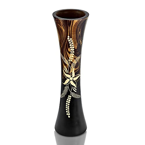 Aeravida Hand Carved Tropical Flower 14-Inch Curved Cylindrical Wooden Vase #TOP2