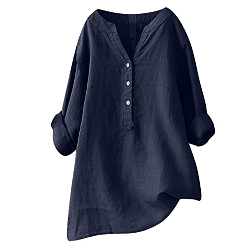 Camiseta Mujer Lino Algodón Manga Larga Camisa Ligero Primavera Verano Moda Casual Cuello en V Botones Color sólido Suelto Cómodo Tops T-Shirt Basic tee Talla Grande Transpirable Blusa 2025