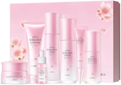 Skin Care Set JAPAN SAKURA Beauty Gift Sets Skin Care Kit with Cleanser, Toner, Lotion, Serum, Eye Cream, Face Cream, Make up Primer Travel Kit for Women Wife Mom 7pcs