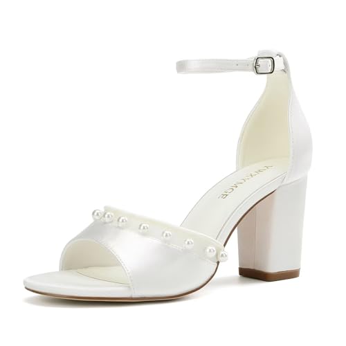 Block Heel Wedding Shoes for Bride Open Toe Bridal Shoes Ankle Strap Wedding Heels