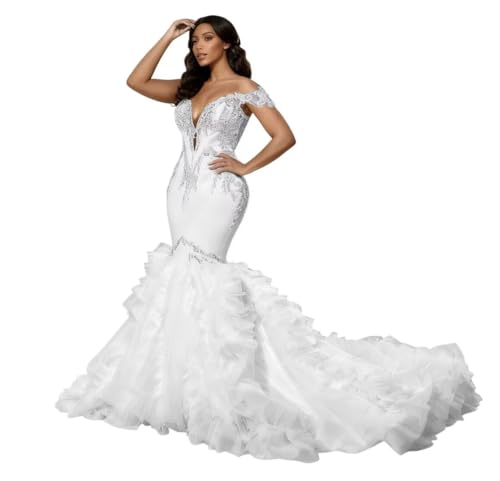 White Mermaid Wedding Dresses for Brides with Rhinestones Applique Off Shoulder Mermaid Curvy Women Bridal Wedding Gown
