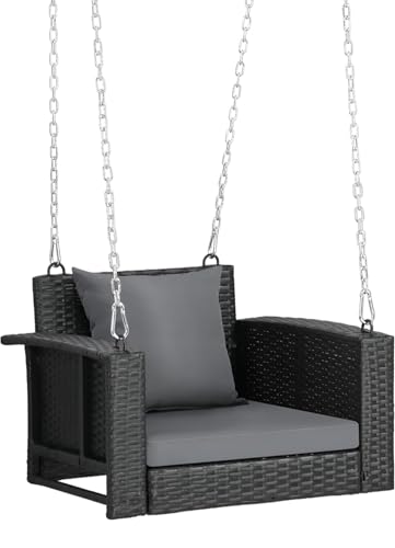 Image of Jhula with Stand & Canopy for Balcony, Garden | Hanging Swing for Adults | Weather Resistant Rattan & Wicker Hammock Swing Single Seater (Brown & White)