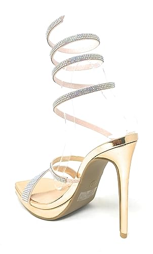 Wild Diva Women's Square Toe Spiral Ankle Strap Rhinestone Embellished Formal Stiletto High Heels Lunna-034