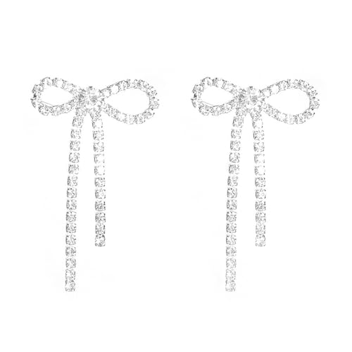 Bow Earrings for Women Rhinestone Long Tassel Earrings Ribbon Bow Drop Earring Silver Stainless Steel Dangle Earrings Cute Sparkly Jewelry