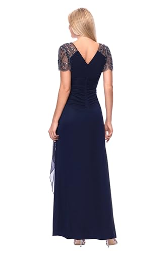 Image of Xscape Floor Length Jersey Knit Evening Gown with V-Neckline, Beaded Flutter Sleeves and Ruched Draping