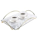 HighFree Marble Stone Decorative Tray, Perfume Tray with Copper-Color Metal Handles, Handmade Real M