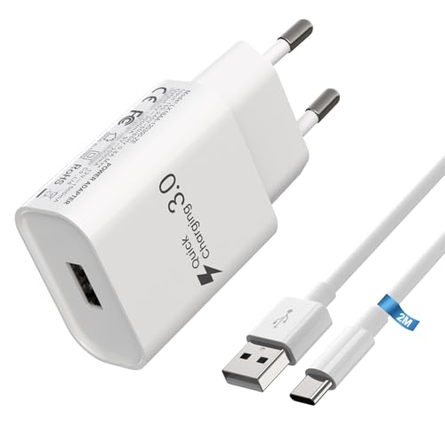 Caricatore rapido super 3.0 per Samsung Cavo di ricarica Huawei P30 Pro, P30 Lite, P20 Lite, P20, Xiaomi Google HTC LG Oppo Meiuzu ZTE Oneplus Nokia Sony ecc. con cavo di tipo C da 2 m (bianco 18W)