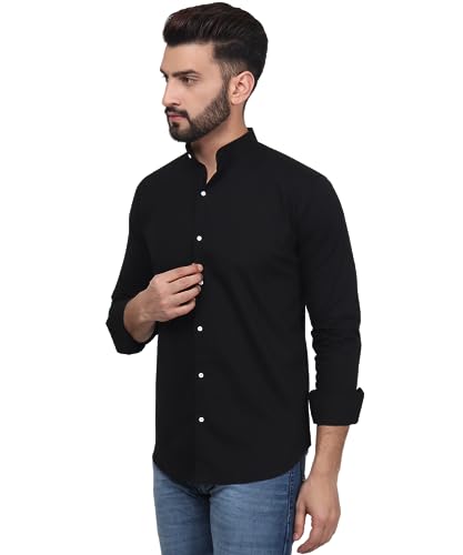Image of TryBuy Exclusive Men's Black Solid Band Casual Cotton Shirt