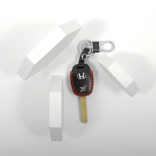 Image of Leather Smart Car Key Cover Case with Metal Hook Keychain for Honda Old Amaze, City I-Vtech, Brio, Jazz, Mobilio (Black)