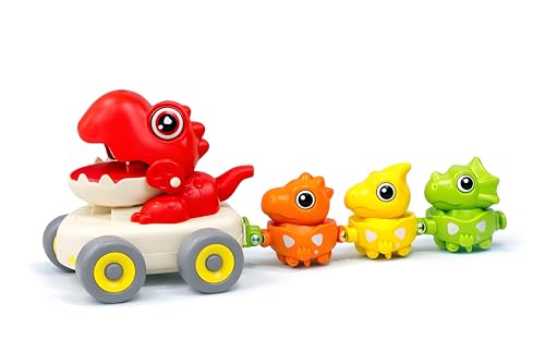 Image of Cable World Magnetic Dinosaur Train Toy for Kids 3+ | Pull Back Press & Go Dino Car with 3 Baby Dinosaurs | Magnetic Linking with Whistle Sound | Educational Toddler Toy Gift for Kids (Multi Color)