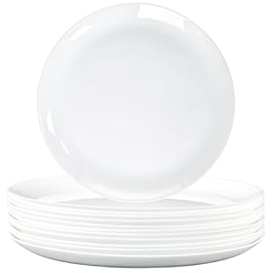 Dinner Plates Set of 12, Tempered Glass White Plates, 10-1/2-Inch Round Dish Set, Microwave & Dishwasher Safe Glass Plate Set